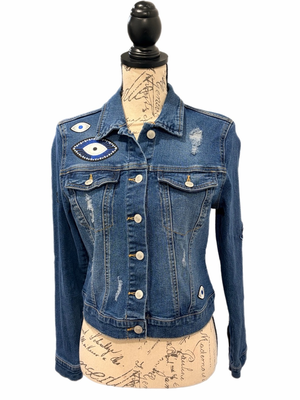 Sofia Jeans Distressed Evil Eye Cotton Denim Trucker Jacket Sz S Like New Cond.